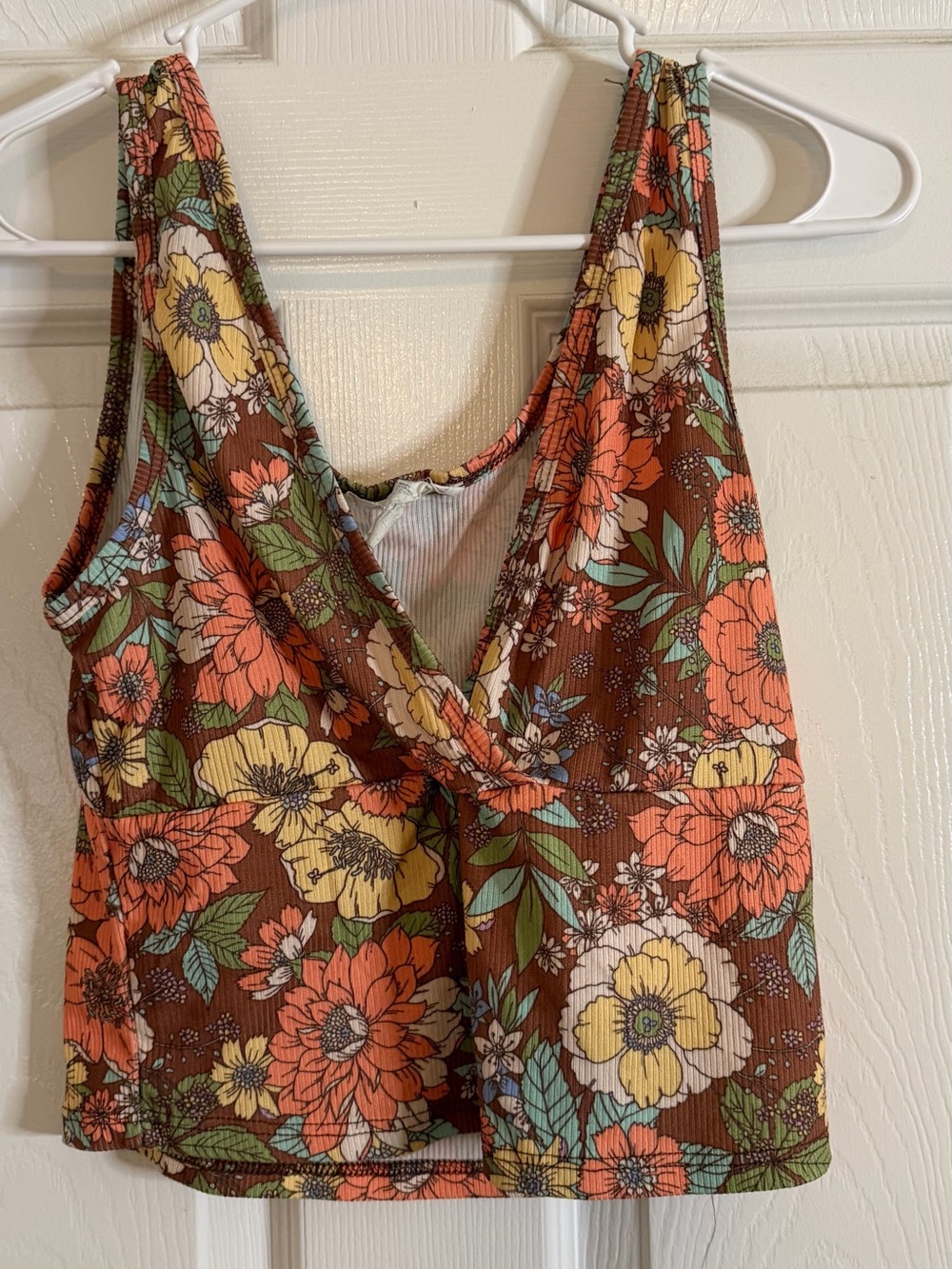 Caution To The Wind Brown Floral V-Neck Cropped Tank